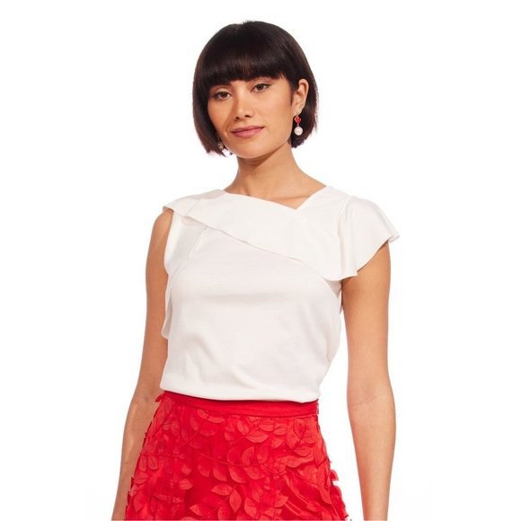 Eva Franco Xena Cap Short Sleeve White Top with Asymmetrical Neck - Picture 2 of 3